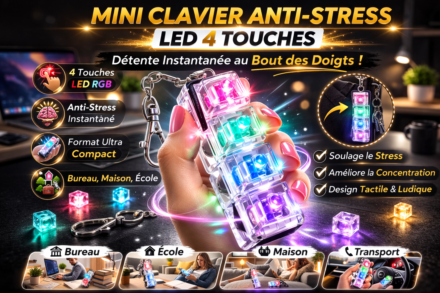 Gadget Anti-Stress Lumineux LED (4 touches) – Fidget Porte-clés Relaxant
