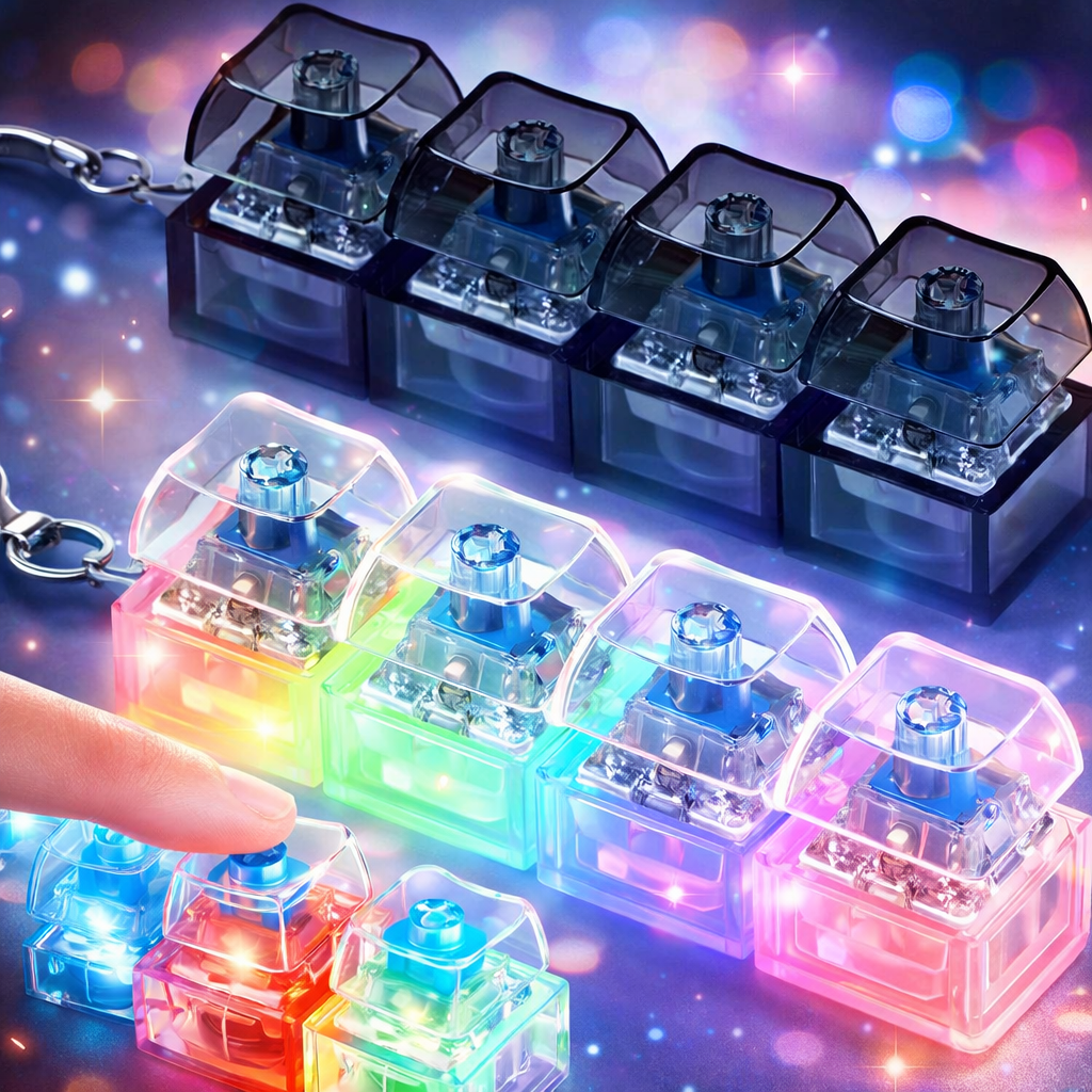 Gadget anti-stress lumineux LED 4 touches porte-clés fidget en action avec boutons colorés