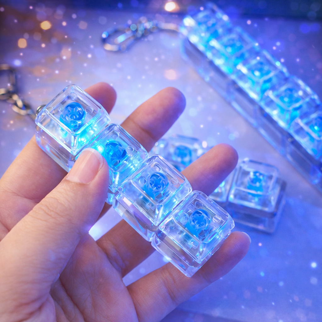 Gadget anti-stress lumineux LED 4 touches porte-clés transparent tenu en main avec éclairage bleu